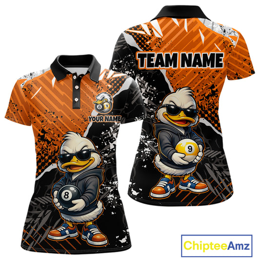 Front and back views of a custom short-sleeve polo shirt featuring a cartoon duck character in a black jacket and sunglasses holding billiard balls, with orange, black, and white graphic patterns. The front shows 'YOUR NAME' and the back shows 'TEAM NAME' placeholders.
