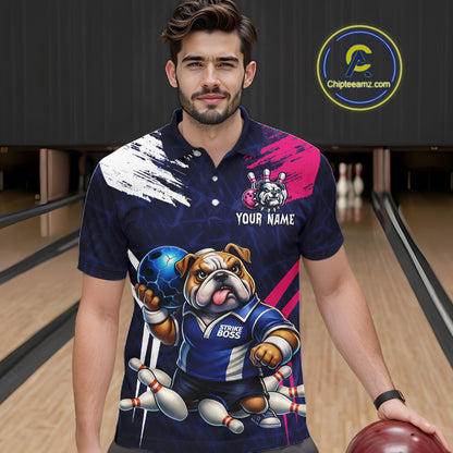 Personalized Funny Bulldog Bowling League Shirt Polo & 1/4 Zip Navy Bowling Jersey for Men QZT910