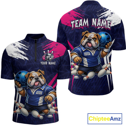 Personalized Funny Bulldog Bowling League Shirt Polo & 1/4 Zip Navy Bowling Jersey for Men QZT910