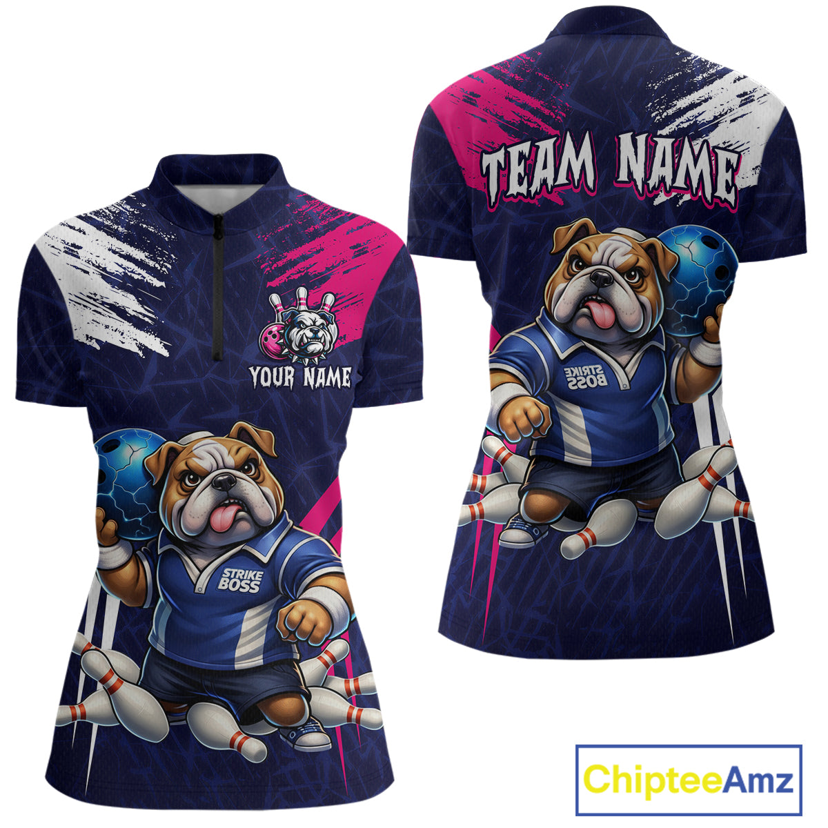 Personalized Funny Bulldog Bowling League Shirt Polo & 1/4 Zip Navy Bowling Jersey for Women QZT910