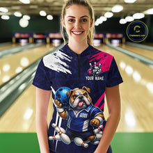 Load image into Gallery viewer, Personalized Funny Bulldog Bowling League Shirt Polo &amp; 1/4 Zip Navy Bowling Jersey for Women QZT910