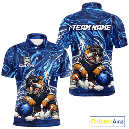 Custom Blue Funny Bulldog Bowling Team Shirt Bowling Jersey Polo & 1/4 Zip Bowling Unisex for Men QZT912