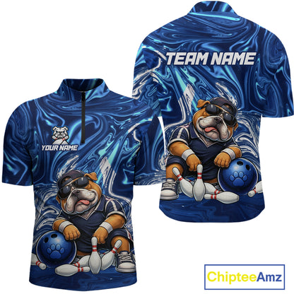 Custom Blue Funny Bulldog Bowling Team Shirt Bowling Jersey Polo & 1/4 Zip Bowling Unisex for Men QZT912