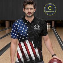 Load image into Gallery viewer, Man wearing a custom bowling shirt with American flag design in a bowling alley.