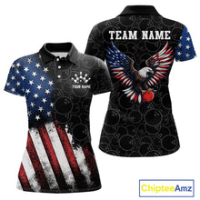Load image into Gallery viewer, Two polo shirts with American flag design and eagle graphic, customizable with 'Your Name' and 'Team Name'.