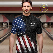 Load image into Gallery viewer, Man wearing a bowling shirt with American flag design in a bowling alley.