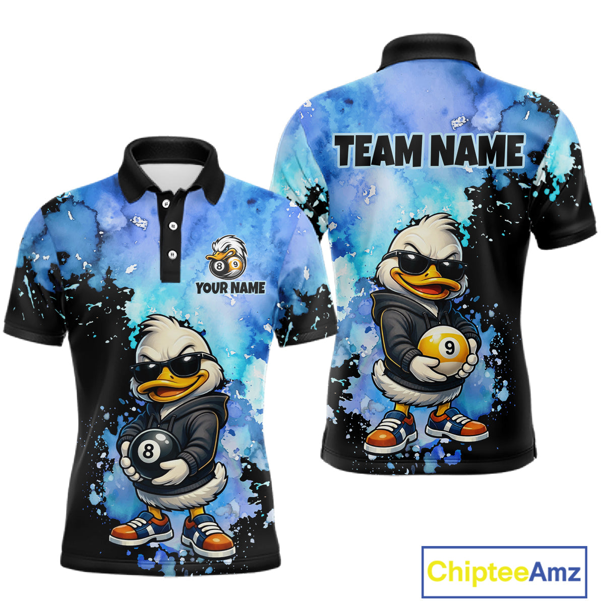 Custom short-sleeve polo shirt shown from the front and back, featuring a cartoon duck character wearing sunglasses and holding pool balls, with blue and black watercolor splatter graphics. The front has a polo collar and three-button placket, and the back has a black collar and 'TEAM NAME' text placeholder.