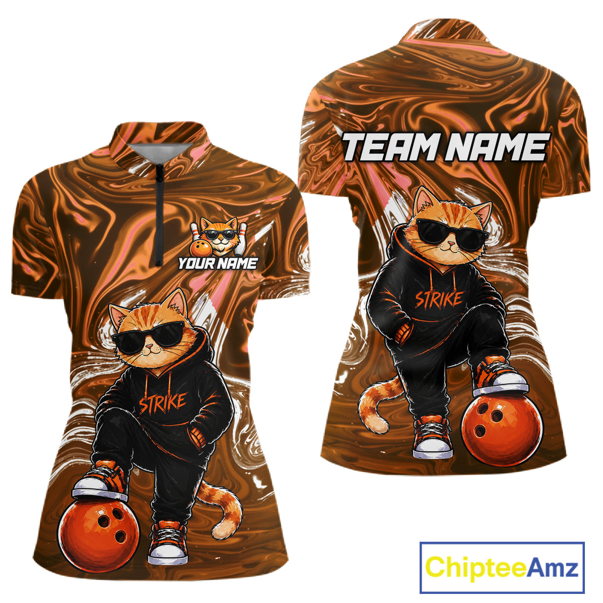 Custom Marble Bowling Shirt Cool Cat Bowling Team Jersey for Women Bowling Outfit QZT1213