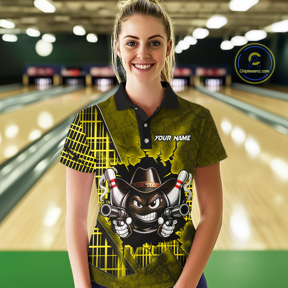 Custom Yellow Funny Cowboy Gun Bowling Shirt for Women Bowling Team Jersey Bowling Polo & Quarter-Zip QZT915