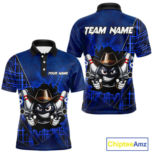 Custom Blue Funny Cowboy Gun Bowling Shirt for Men Bowling Team Jersey Bowling Polo & Quarter-Zip QZT915