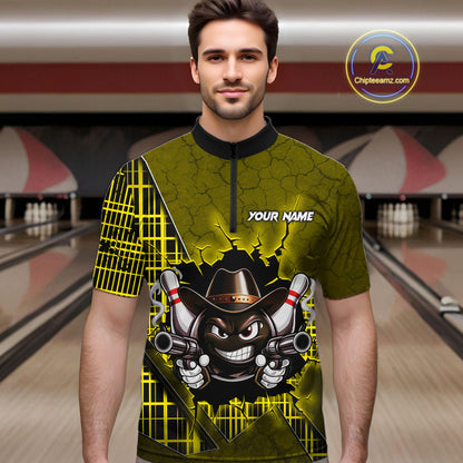 Custom Yellow Funny Cowboy Gun Bowling Shirt for Men Bowling Team Jersey Bowling Polo & Quarter-Zip QZT915