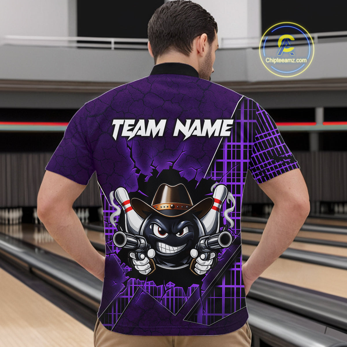 Custom Purple Funny Cowboy Gun Bowling Shirt for Men Bowling Team Jersey Bowling Polo & Quarter-Zip QZT915