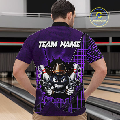 Custom Purple Funny Cowboy Gun Bowling Shirt for Men Bowling Team Jersey Bowling Polo & Quarter-Zip QZT915