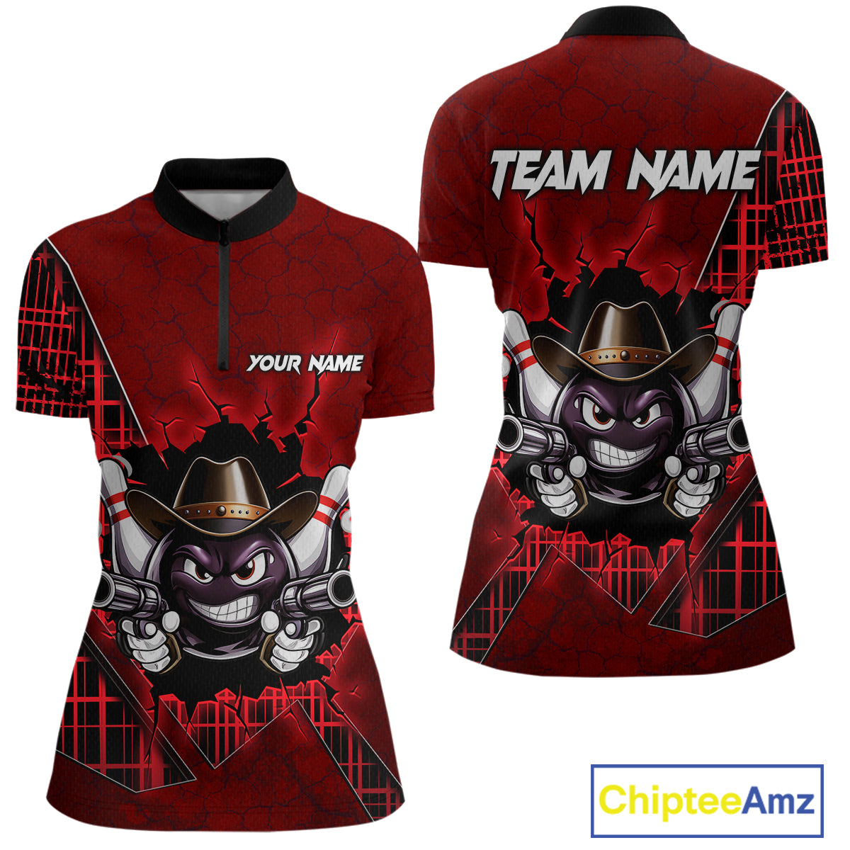Custom Red Funny Cowboy Gun Bowling Shirt for Women Bowling Team Jersey Bowling Polo & Quarter-Zip  QZT915