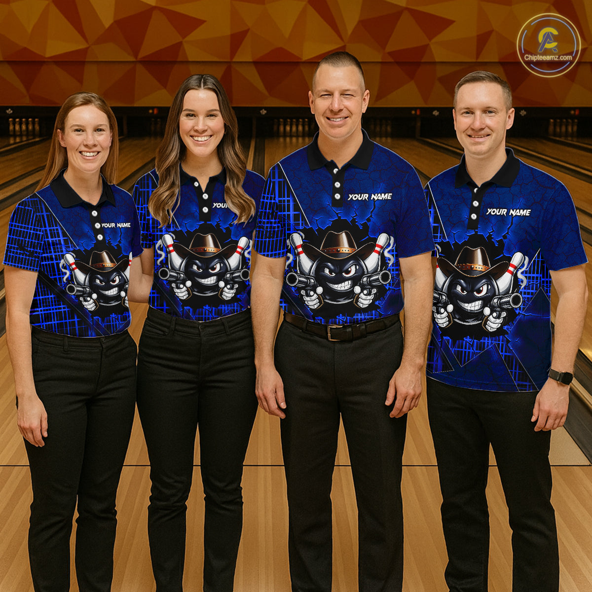Custom Blue Funny Cowboy Gun Bowling Shirt for Women Bowling Team Jersey Bowling Polo & Quarter-Zip  QZT915