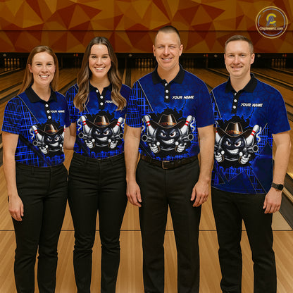 Custom Blue Funny Cowboy Gun Bowling Shirt for Women Bowling Team Jersey Bowling Polo & Quarter-Zip  QZT915