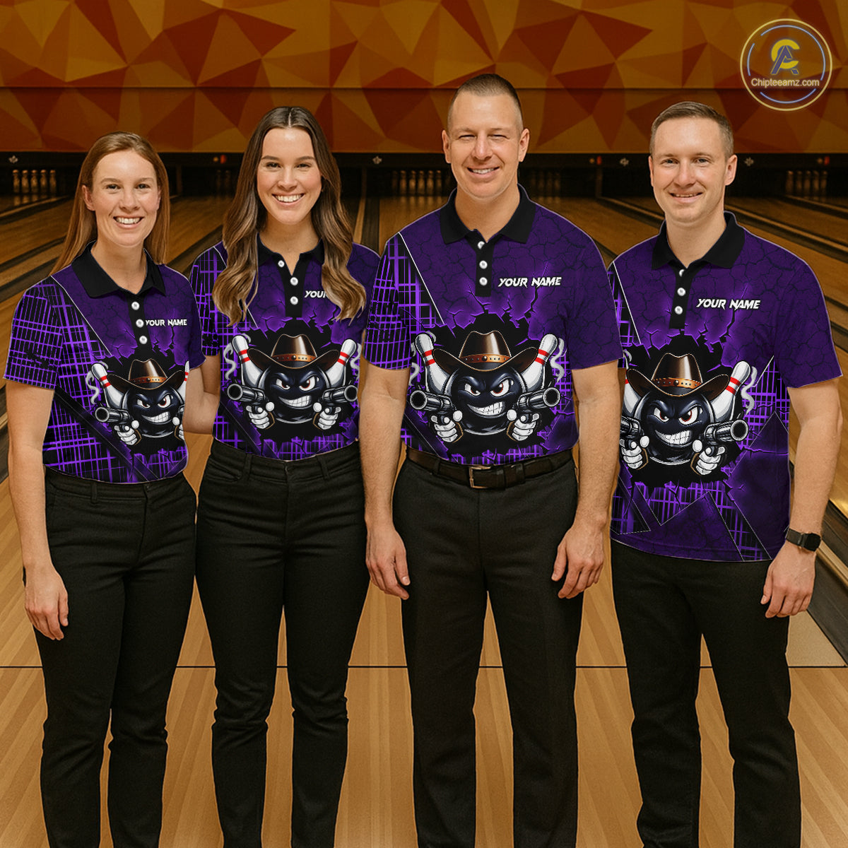 Custom Purple Funny Cowboy Gun Bowling Shirt for Men Bowling Team Jersey Bowling Polo & Quarter-Zip QZT915