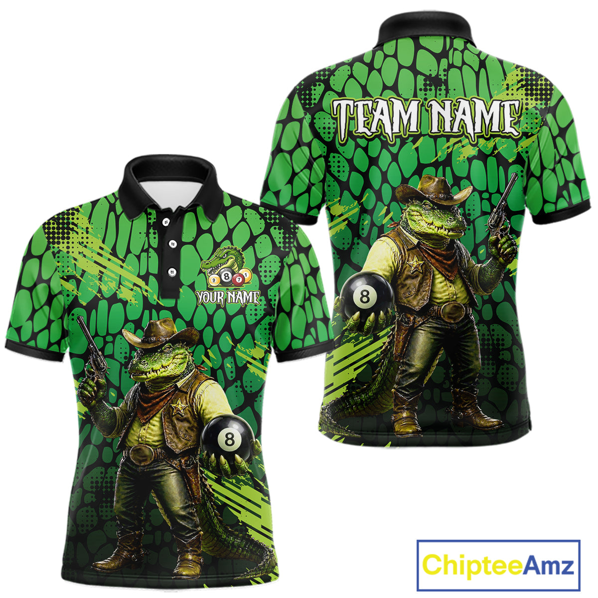 Green polo shirt with cowboy crocodile design and 'Team Name' text on a white background