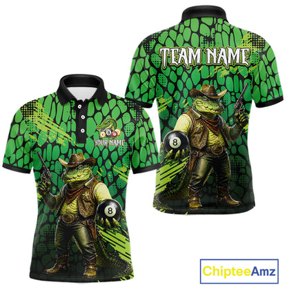 Green polo shirt with cowboy crocodile design and 'Team Name' text on a white background