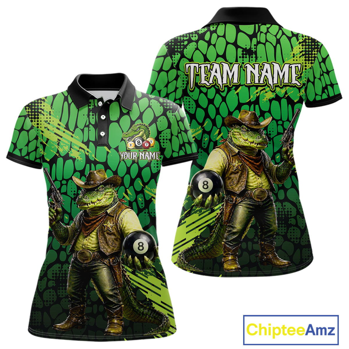 Green and black polo shirt with a cowboy crocodile design and 'Team Name' text on a white background.