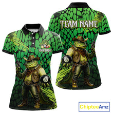 Load image into Gallery viewer, Green and black polo shirt with a cowboy crocodile design and 'Team Name' text on a white background.