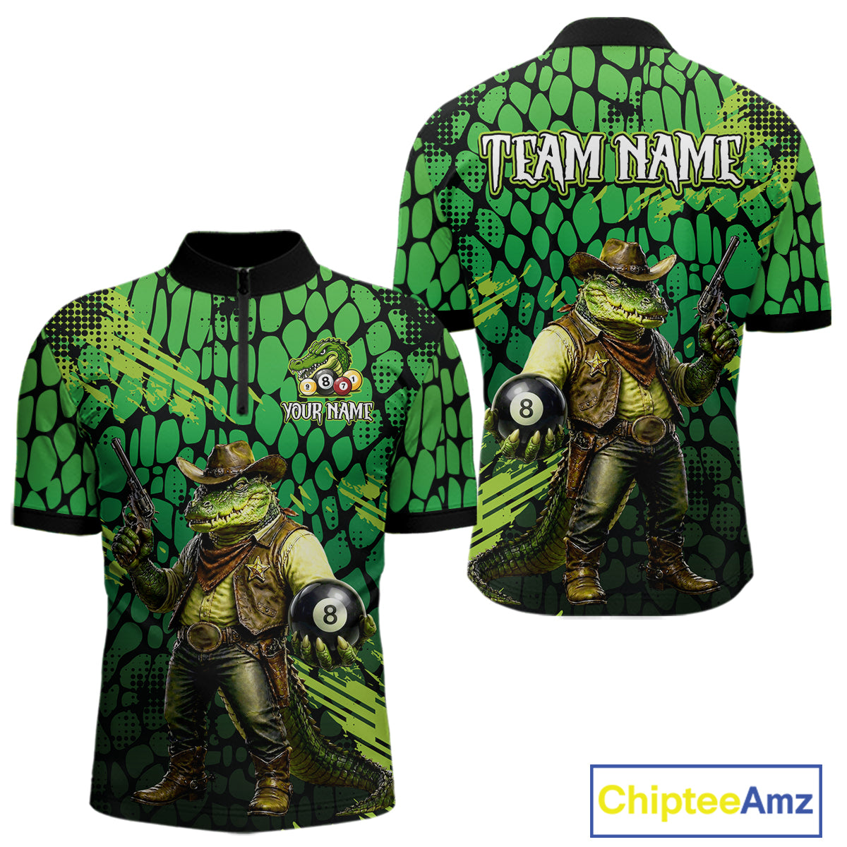 Green and black shirt with a cowboy crocodile design and 'Team Name' text on a white background.
