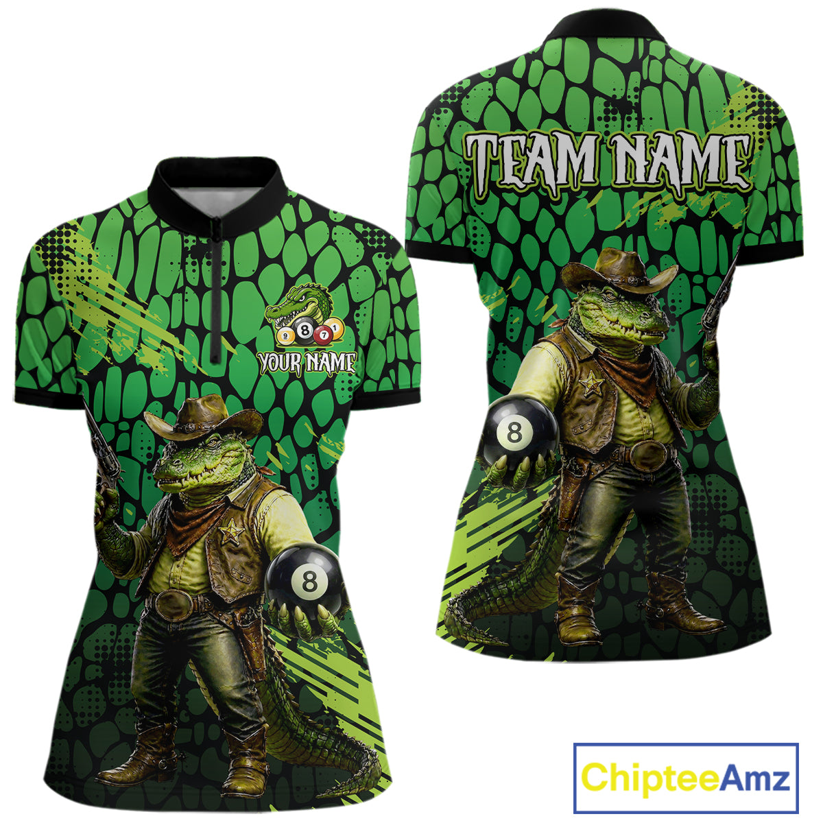Green and black shirt with cowboy crocodile design and 'Team Name' text on a white background