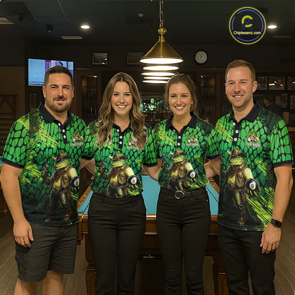 Four people wearing matching green and black shirts with a cartoon character in a bar setting.
