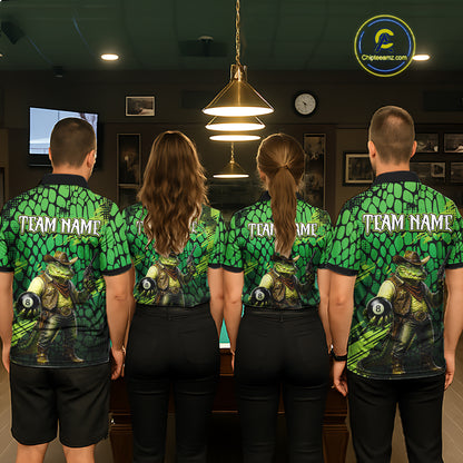 Four people wearing matching green and black shirts with a team logo and text in an indoor setting.