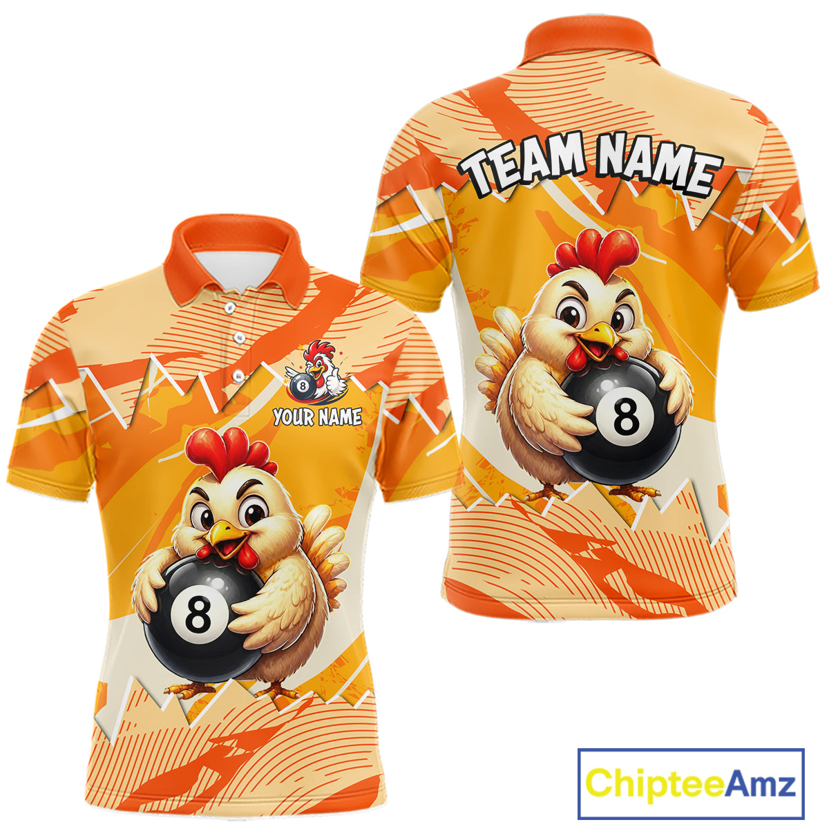 Colorful polo shirt with cartoon chicken holding a pool ball and 'Team Name' text on a white background.