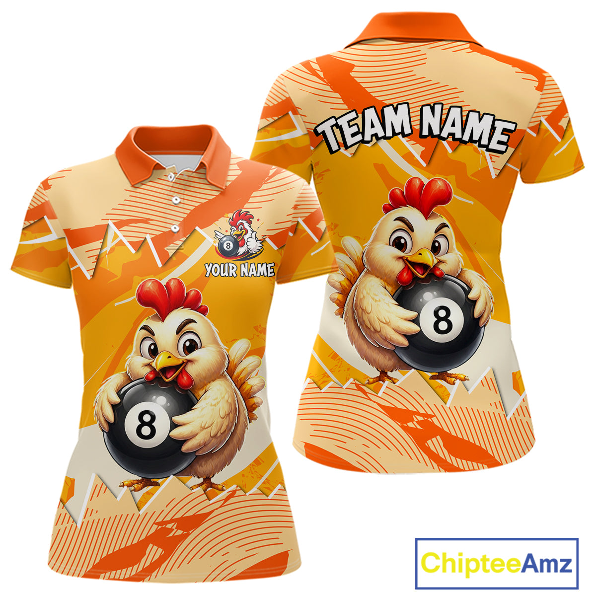 Two polo shirts with a chicken holding a pool ball design on an orange and yellow background, featuring 'Chiptee Amz' branding.