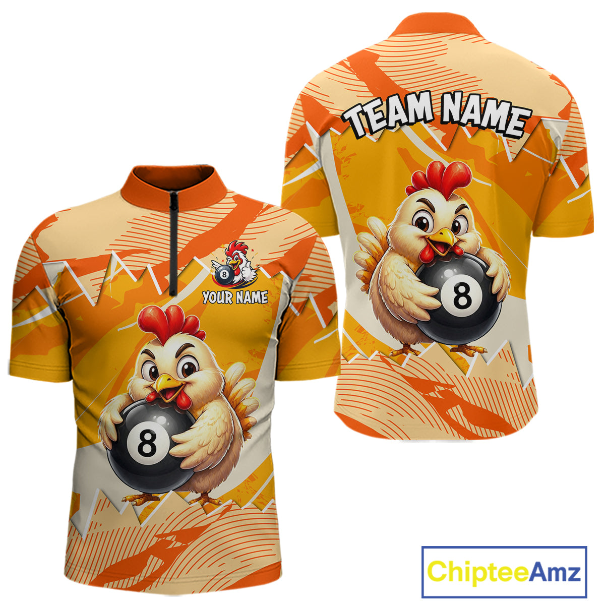 Colorful sports jersey with cartoon chicken holding a pool ball, customizable text, and brand 'Chiptee Amz'.