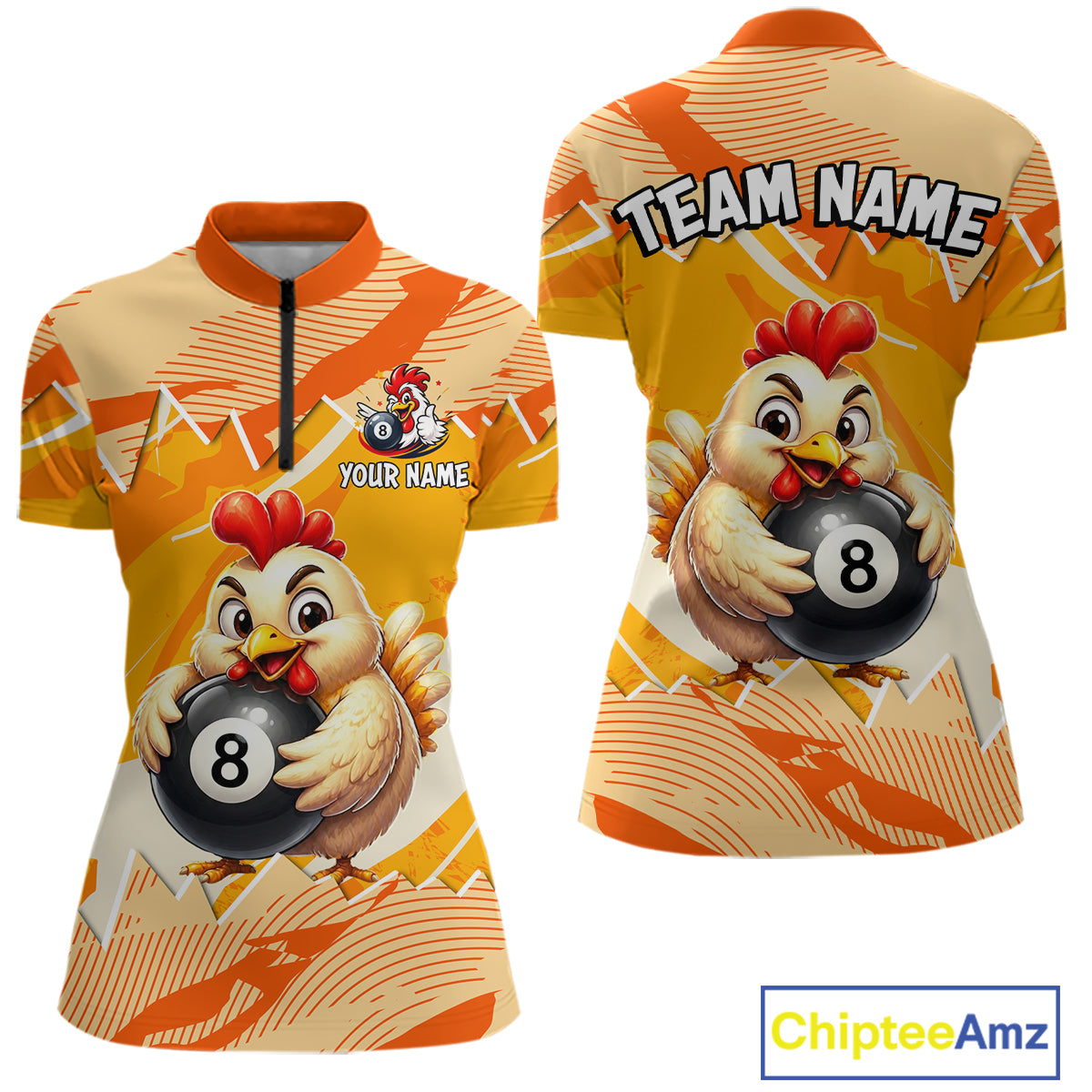 Colorful sports jersey with a chicken holding a pool ball design, customizable text, and brand 'Chiptee Amz' visible.