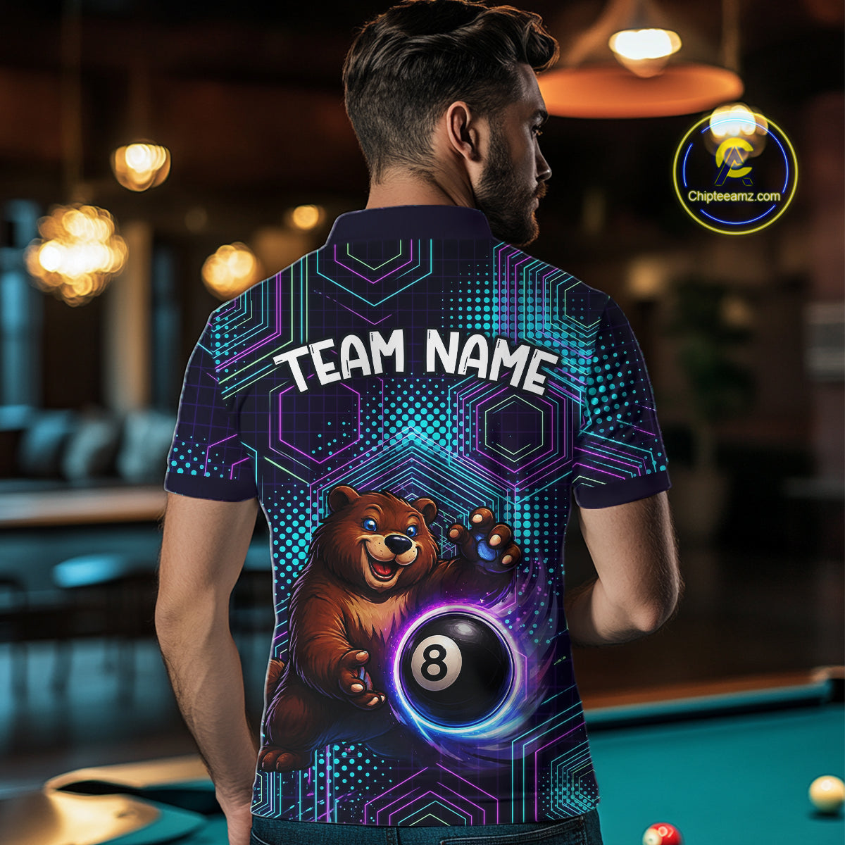 Person wearing a shirt with a bear and number 8 design, standing in a pool hall.