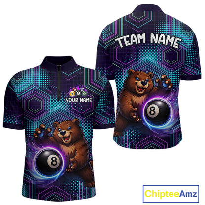 Two views of a quarter-zip shirt with a bear and 8-ball design on a geometric patterned background, featuring 'Chiptee Amz' branding.