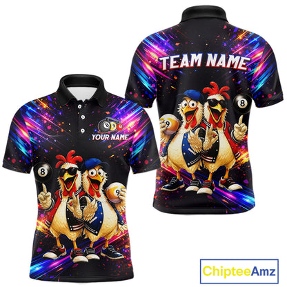 Colorful polo shirt with cartoon chickens and customizable text on a white background