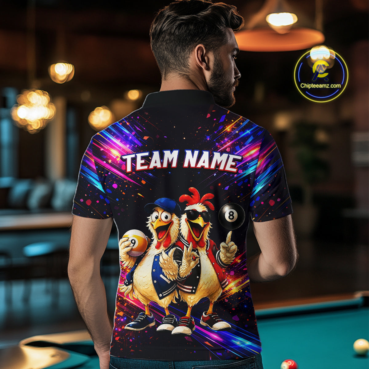 Custom Neon Funny Chicken Billiard Shirt for Men Colorful 8 Ball & 9 Ball Shirt Buddy Billiard Jersey BHT43