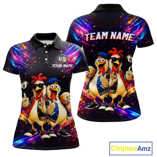 Colorful polo shirt with cartoon chickens and customizable text on a white background