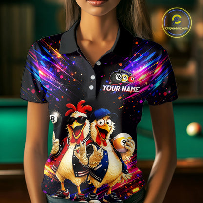 Custom Neon Funny Chicken Billiard Shirt for Women Colorful 8 Ball & 9 Ball Shirt Buddy Billiard Jersey BHT43