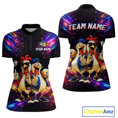 Custom Neon Funny Chicken Billiard Shirt for Women Colorful 8 Ball & 9 Ball Shirt Buddy Billiard Jersey BHT43