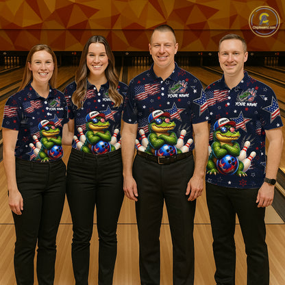 Custom American Flag Alligator Bowling Shirt for Women Patriotic Bowling Jersey Polo & 1/4-Zip QZT1029