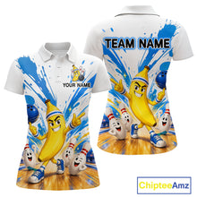 Load image into Gallery viewer, Two polo shirts with cartoon banana characters and bowling elements, featuring 'Chiptee Amz' branding.