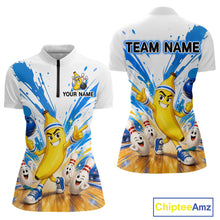 Load image into Gallery viewer, Customizable bowling jersey with cartoon bananas and bowling pins on a white background, featuring 'Chiptee Amz' branding.