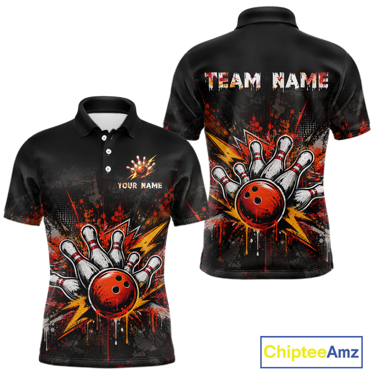 Front and back views of a black short-sleeve polo shirt with a bowling-themed graphic print featuring a red bowling ball, white bowling pins, and orange/yellow paint splatters. The front has placeholder text 'YOUR NAME' and 'TEAM NAME' on the chest, and a 'ChipteeAmz' logo is visible in the bottom right corner.