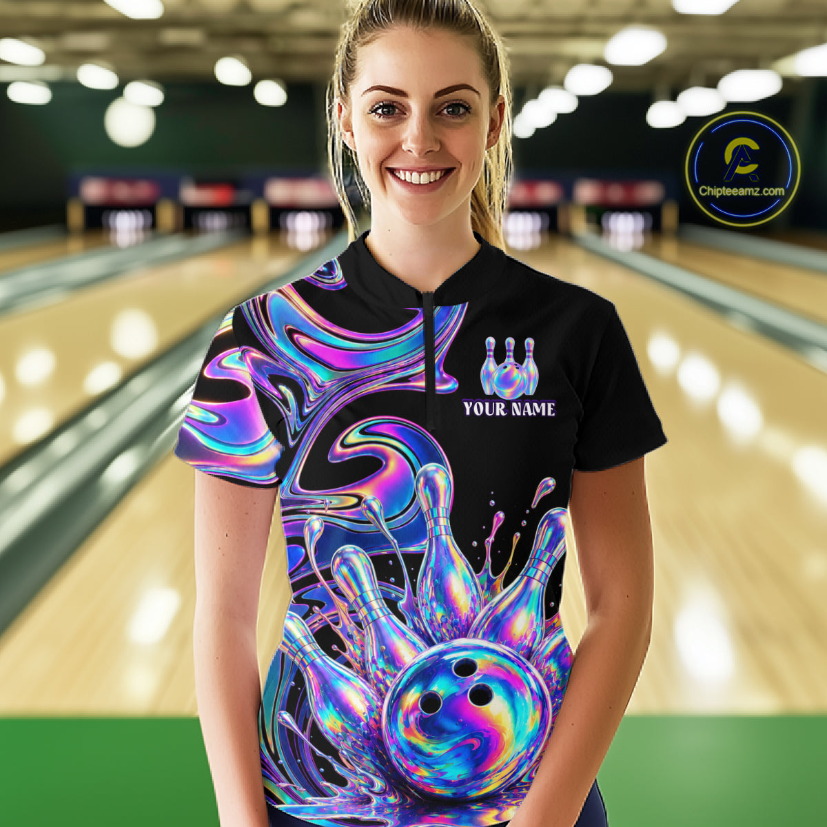 Custom Holographic Bowling Shirt Bowling Team Jersey for Women Polo & 1/4-Zip QZT1219