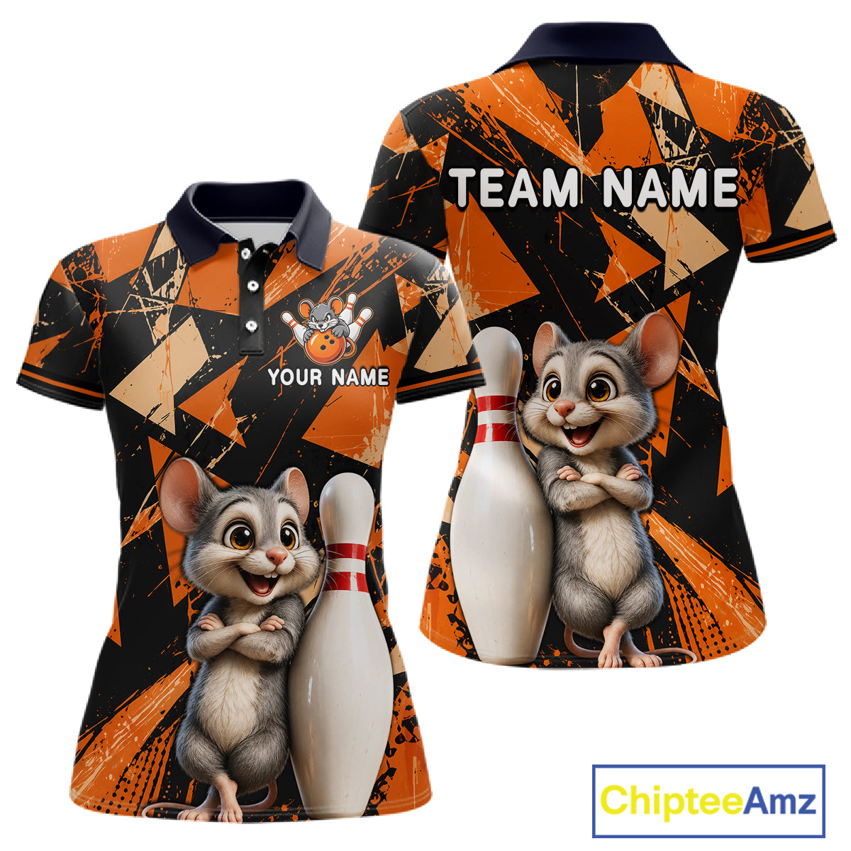 Black & Orange Funny Mouse Bowling Team Shirt for Women Custom Bowling Jersey Polo & Quarter-Zip QZT1033