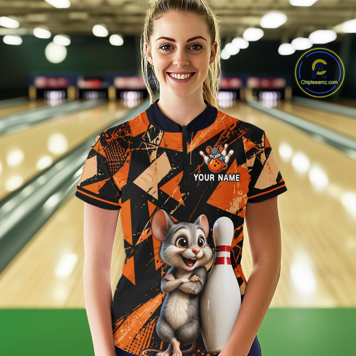 Black & Orange Funny Mouse Bowling Team Shirt for Women Custom Bowling Jersey Polo & Quarter-Zip QZT1033