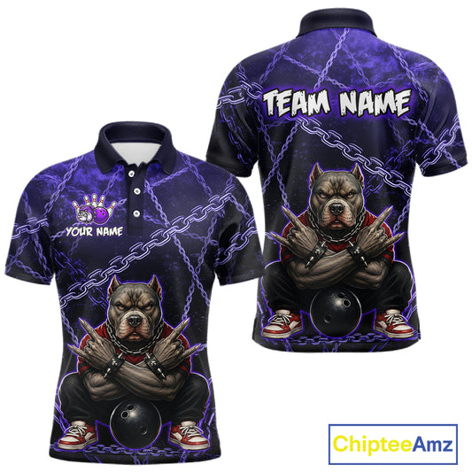 Custom purple cool pit bull bowling polo shirt, front and back views, bowling league jersey for men