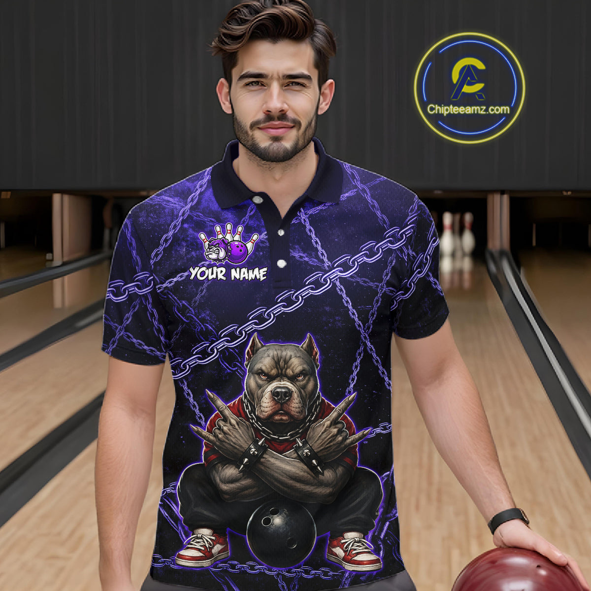 Man wearing custom purple cool pit bull bowling polo shirt, front view mockup, personalized bowling league jersey.