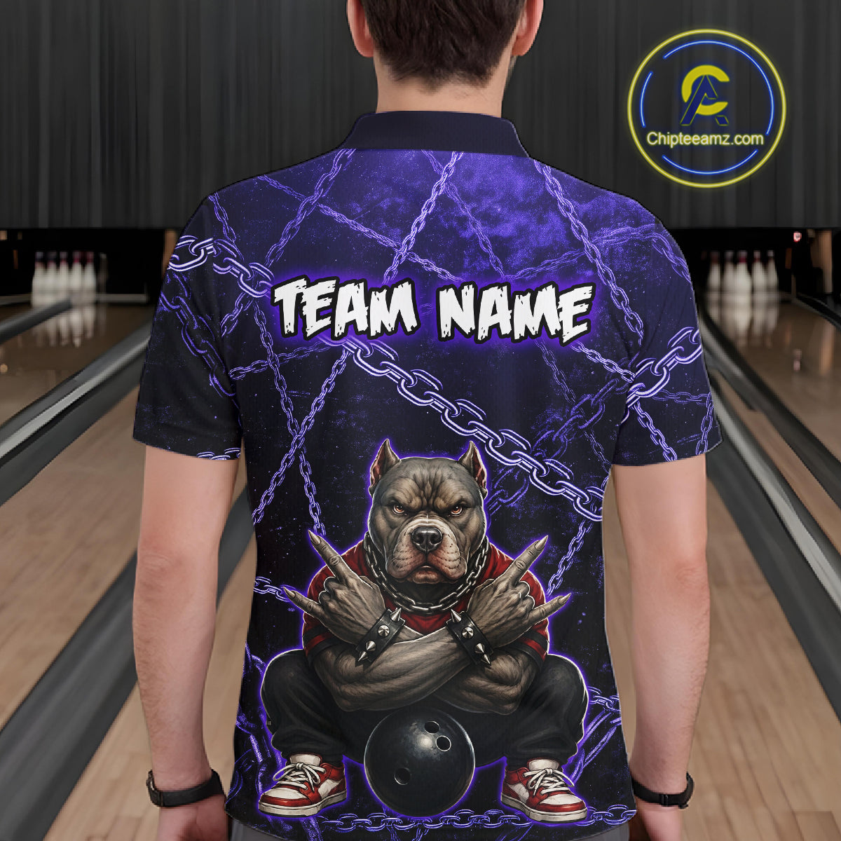 Man wearing custom purple cool pit bull  bowling polo shirt, back view mockup with team name design.